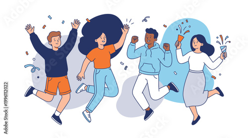 Joyful Friends Celebrating Together with Raised Arms in a Playful Atmosphere Surrounded by Confetti