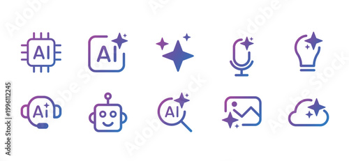 AI Content Creation Icon Set, Generative AI, Image Text Video Tools, Artificial Intelligence Line Vector Icons