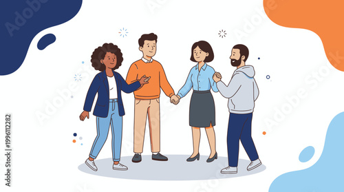 Diverse Group of Four Friends Interacting Joyfully in a Colorful Abstract Setting