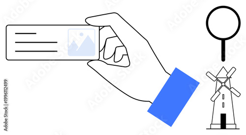 Identity verification, renewable energy, search tools, digital security, authentication, simplicity. Hand holds ID card, magnifying glass and windmill appear. Identity verification and renewable
