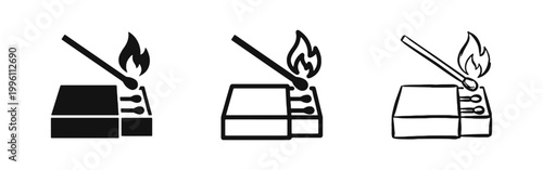 Matchbox and Burning Matchstick Fire Icon Set