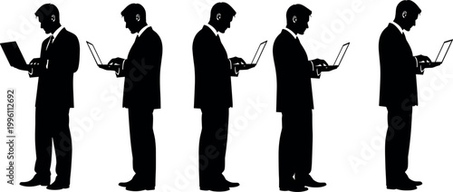 Side View Silhouette of a Professional Businessman in a Suit Standing and Working on a Laptop Computer Multiple Poses Set