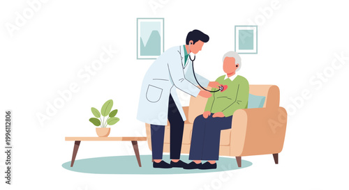 Doctor examining elderly man with stethoscope at home, healthcare concept
