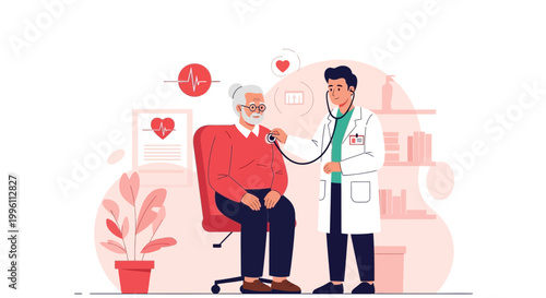 Doctor examining elderly patient with stethoscope, healthcare concept