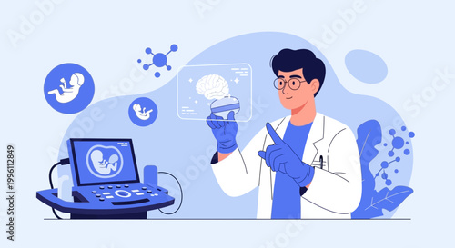 Doctor examining fetal brain scan on futuristic holographic display, medical technology