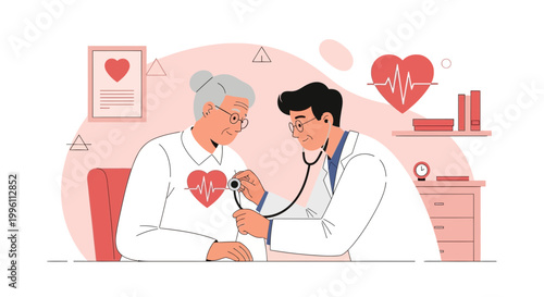 Doctor examining elderly woman's heart with stethoscope, cardiology concept