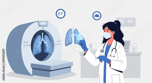 Doctor examining lungs scan with CT machine and hologram in medical office