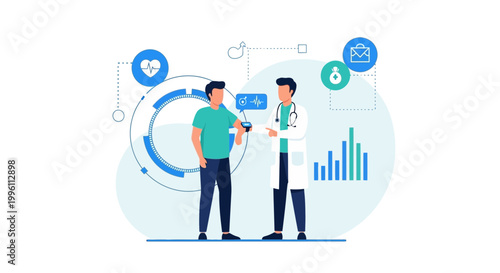 Doctor examining patient with futuristic health technology and data analysis