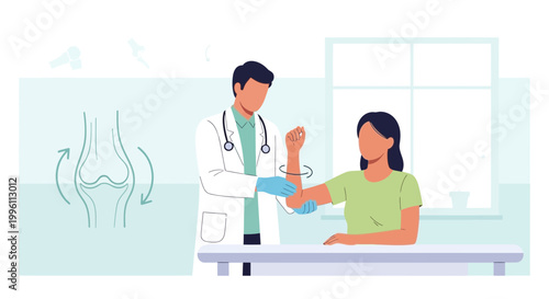 Doctor examining patient's elbow joint, physiotherapy, rehabilitation, medical consultation