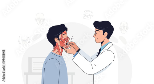 Doctor examining patient's face, showing facial muscles and anatomy for medical consultation