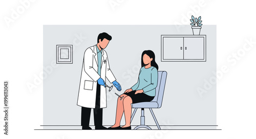 Doctor examining patient's knee reflex with reflex hammer in clinic