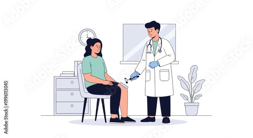 Doctor examining patient's knee reflex with reflex hammer in clinic