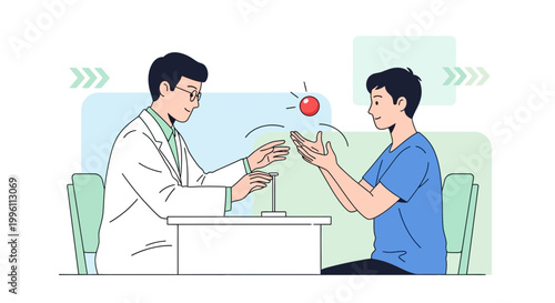 Doctor examining patient's reflexes with reflex hammer and red ball