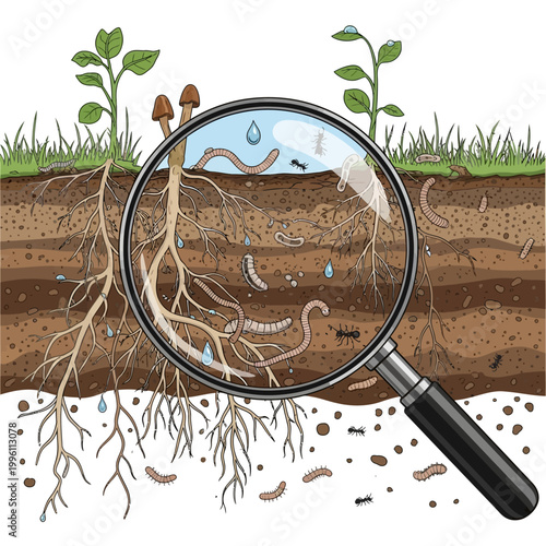 Soil ecosystem, underground environment, magnified view, plant roots, microorganisms