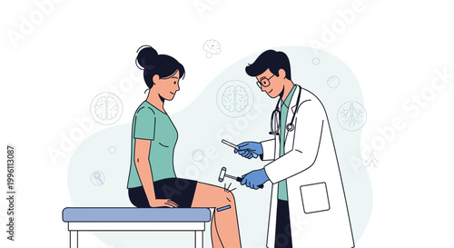 Doctor examining patient's knee reflex with reflex hammer, medical checkup