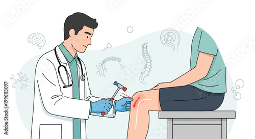 Doctor examining patient's knee reflex with reflex hammer, medical checkup, neurological test