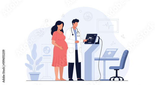 Doctor examining pregnant woman with ultrasound machine and laptop in clinic