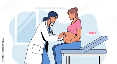 Doctor examining pregnant woman with stethoscope in clinic, healthcare checkup