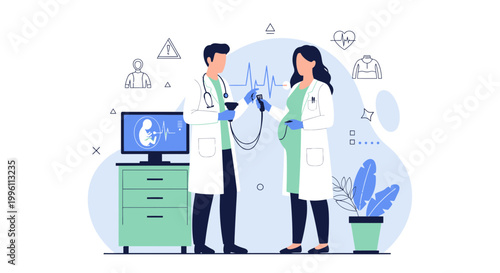 Doctor examining pregnant woman with ultrasound screen and heart monitor