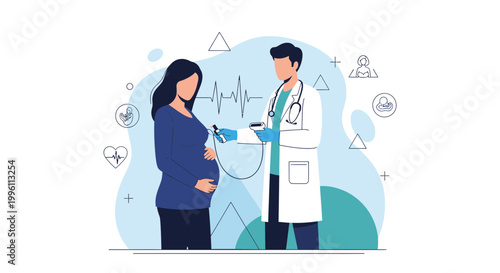 Doctor examining pregnant woman's belly with stethoscope, healthcare concept illustration