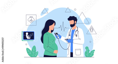 Doctor examining pregnant woman with ultrasound, medical check-up, healthcare concept