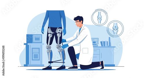 Doctor examining robotic prosthetic leg on patient, advanced medical technology