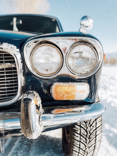 Close-up view of broken headlight on classic car parked in snowy landscape under clear blue sky during winter day