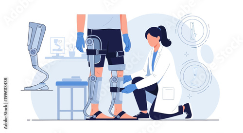 Doctor fitting prosthetic leg brace on patient, rehabilitation and technology concept