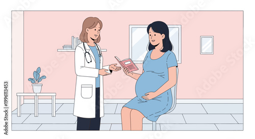 Doctor giving advice to pregnant woman in clinic, healthcare consultation