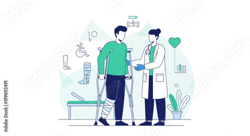 Doctor helping injured patient with crutches and bandages, rehabilitation concept