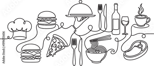 Continuous line art showcasing diverse food and drink items with a chefs hat and cutlery