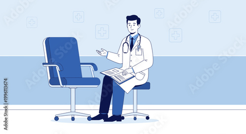 Doctor in white coat with stethoscope sitting and talking to patient in clinic