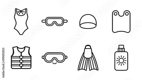 Swimming Pool and Beach Safety Equipment Line Icons Set, Swimsuit, Goggles, Swim Cap, Kickboard, Life Vest, Fins and Sunscreen Lotion Icons