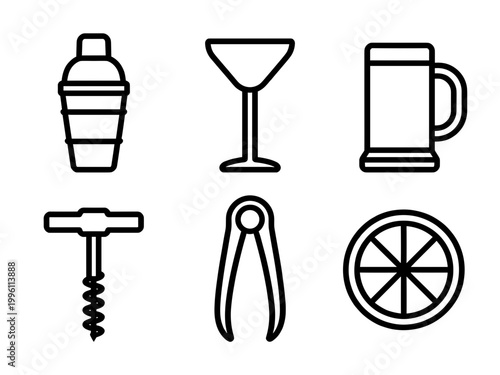 Professional Barware and Cocktail Tools Line Icons Set, Shaker, Martini Glass, Beer Mug, Corkscrew, Nutcracker and Lemon Slice Vector Icons