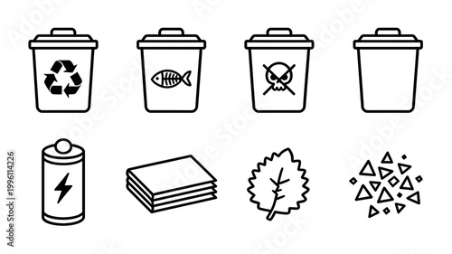Waste Management and Recycling Line Icons Set with Trash Bins, Organic Waste, Toxic Danger, Battery, Paper, Leaf and Glass Shards Symbols