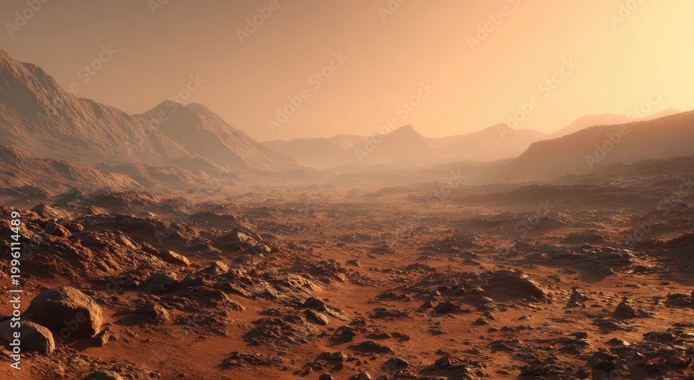 Naklejka premium Alien Planet Landscape with Rocky Terrain and Hazy Atmosphere.