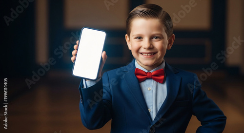 A young boy in a suit and bow tie holding up a blank smartphone screen with a smile