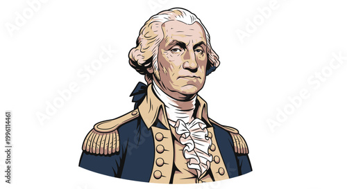 Illustration of George Washington in colonial military uniform with detailed facial expression.