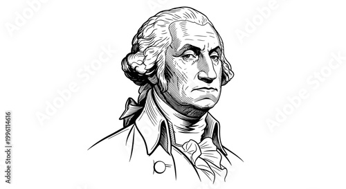 Detailed black and white illustration of George Washington portrait.