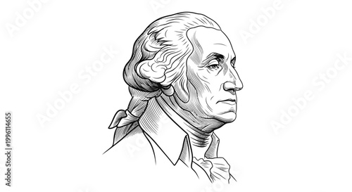 Detailed black and white illustration of George Washington profile portrait.