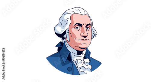 Illustration of a historical figure resembling George Washington in colonial attire.