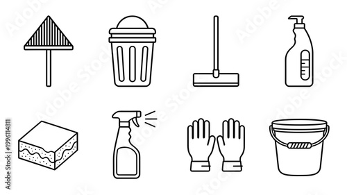 Cleaning Supplies and Housekeeping Line Icons Set with Broom Trash Can Mop Detergent Sponge Spray Bottle Gloves and Bucket Household Symbols