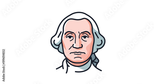Illustration of a historical portrait of George Washington with a neutral expression.