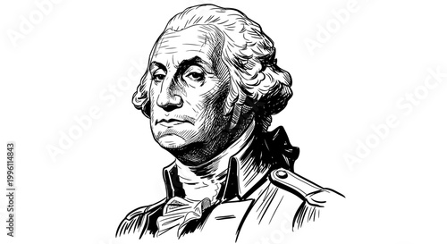 Black and white detailed illustration of George Washington portrait.