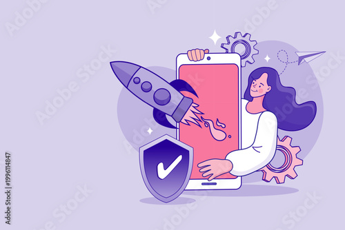 Cheerful young woman launching a digital project from a mobile phone with a rocket shield and gears symbolizing fast deployment secure technology and innovative software solutions