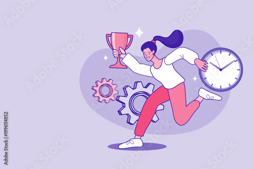 Woman running with trophy and clock representing time management success career achievement and efficient workflow concept
