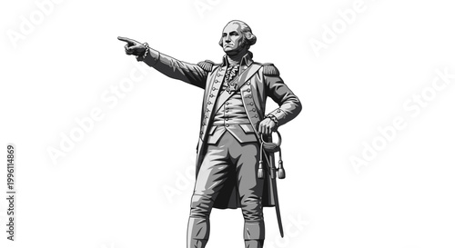 Statue of a historical figure pointing forward with confident posture.