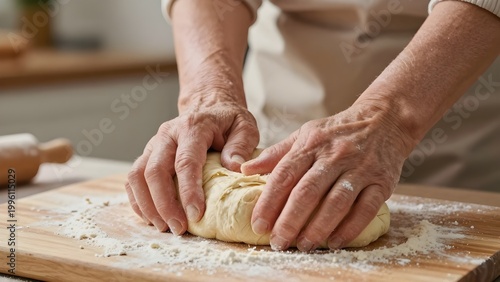 Hands Kneading Dough: Capturing the timeless art of baking, close-up of hands expertly kneading a soft dough on a wooden board, with flour dusting the surface, conveying warmth and tradition.