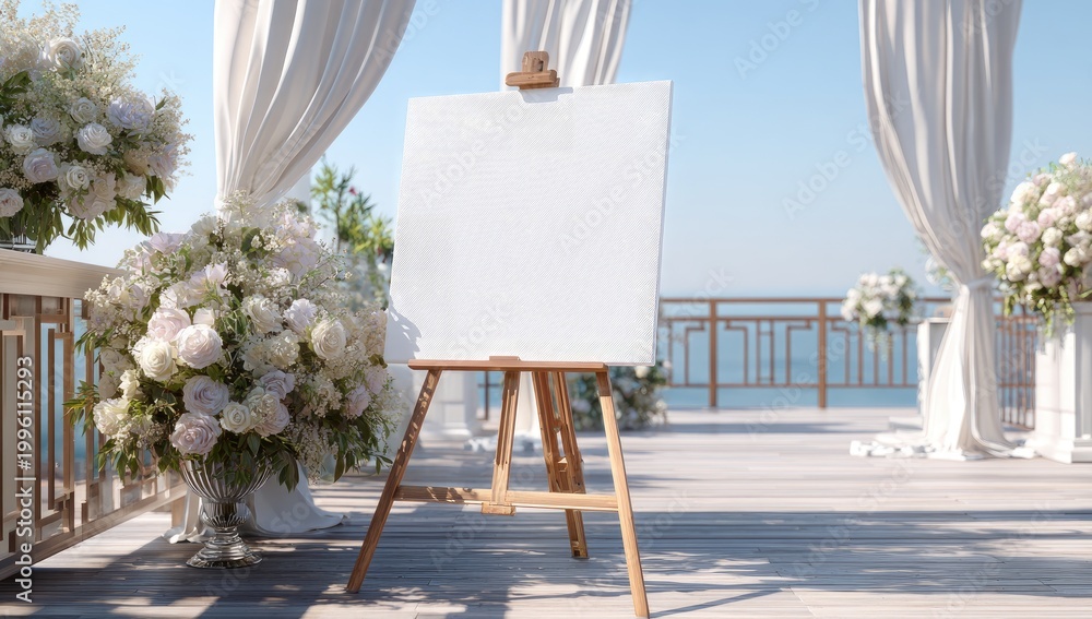 Fototapeta premium Elegant Wedding Ceremony Setup with Blank Welcome Sign by the Sea.