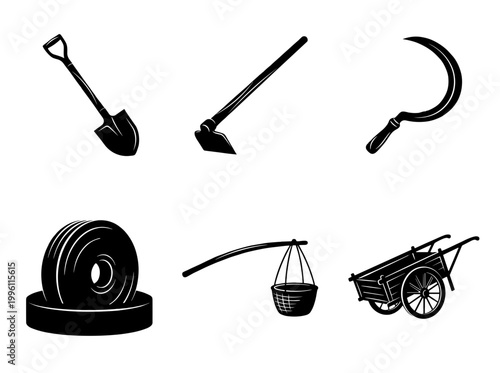 Traditional Farming Tools Silhouette Icons, Shovel, Hoe, Sickle, Millstone, Carrying Pole and Cart Vector Symbols for Agriculture Industry